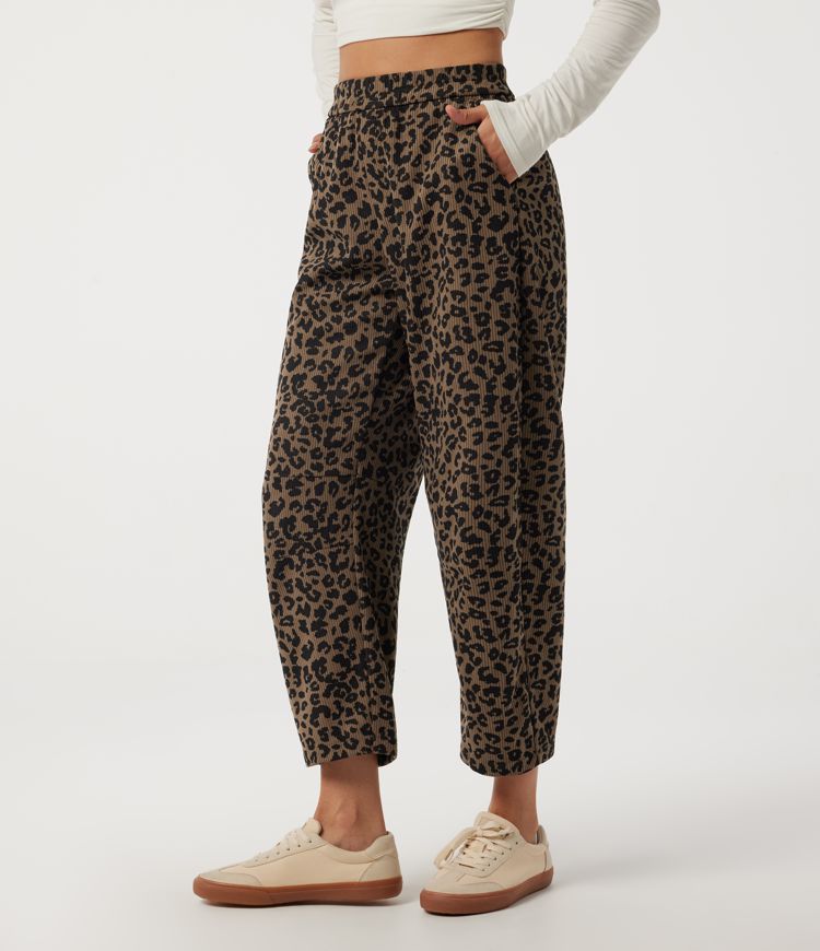 Pantalon décontracté taille haute à imprimé léopard, jambe en forme de tonneau, avec poches