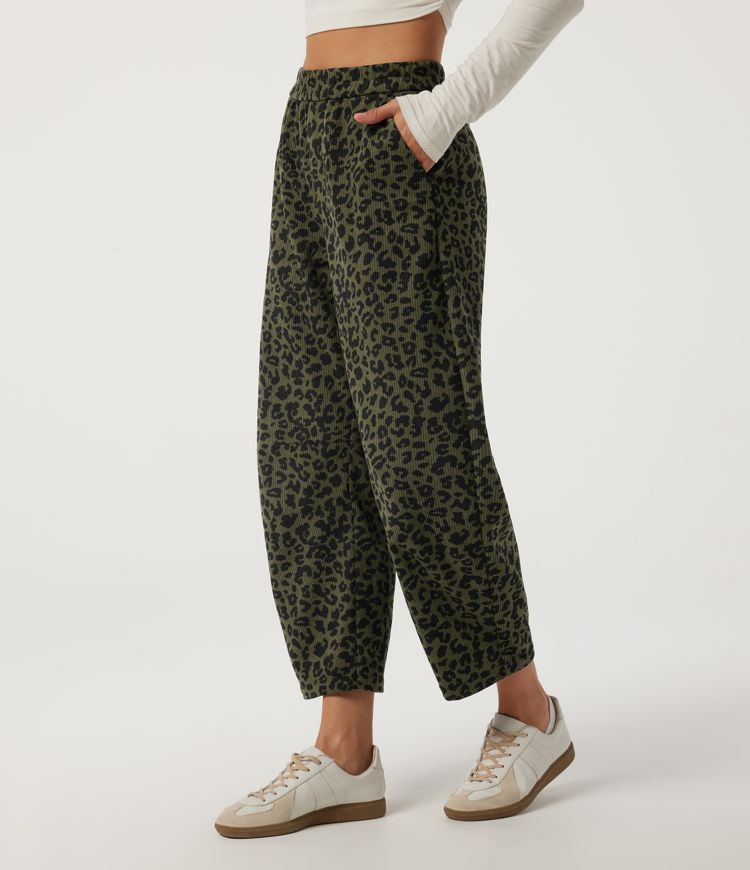 High Waisted Leopard Print Barrel Leg Casual Trousers with Pockets