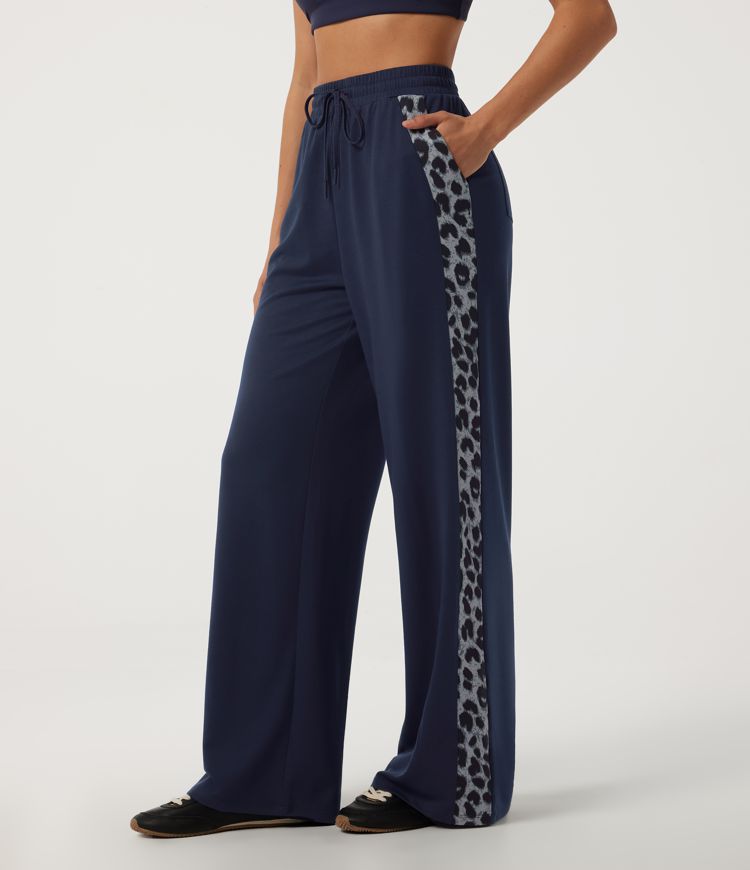 High Waisted Leopard Print Drawstring Baggy Casual Sweatpants with Pockets