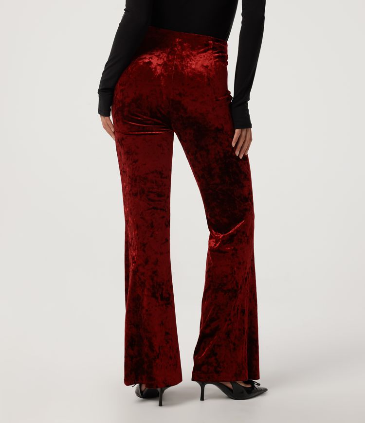 Burgundy Pantalones casuales de terciopelo acampanados de tiro alto con hebilla / 2