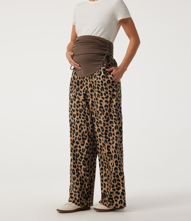 Super High Waisted Leopard Print Baggy Casual Maternity Pants with Pockets