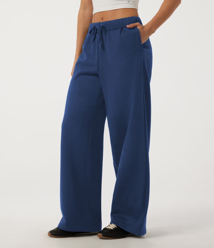 Low Rise Drawstring Wide Leg Cotton Casual Sweatpants with Pockets
