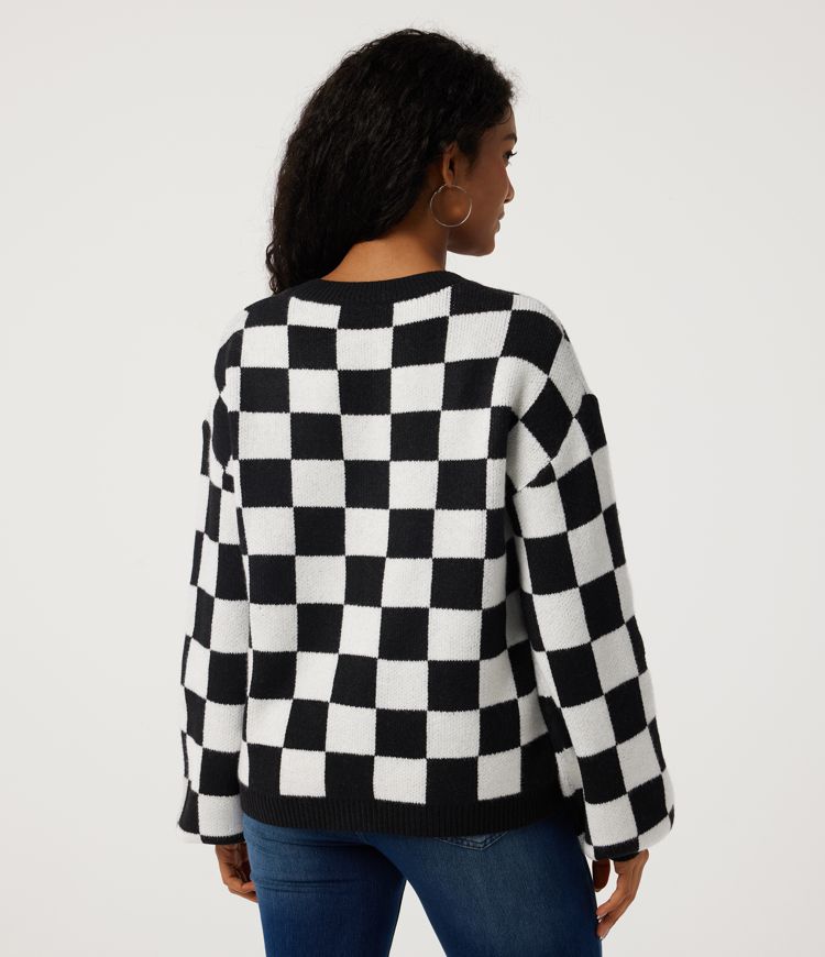 White Black Plaid V Neck Long Sleeve Gingham Casual Cardigan / 2