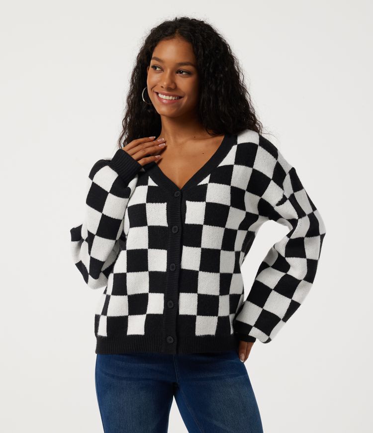 V Neck Long Sleeve Gingham Casual Cardigan