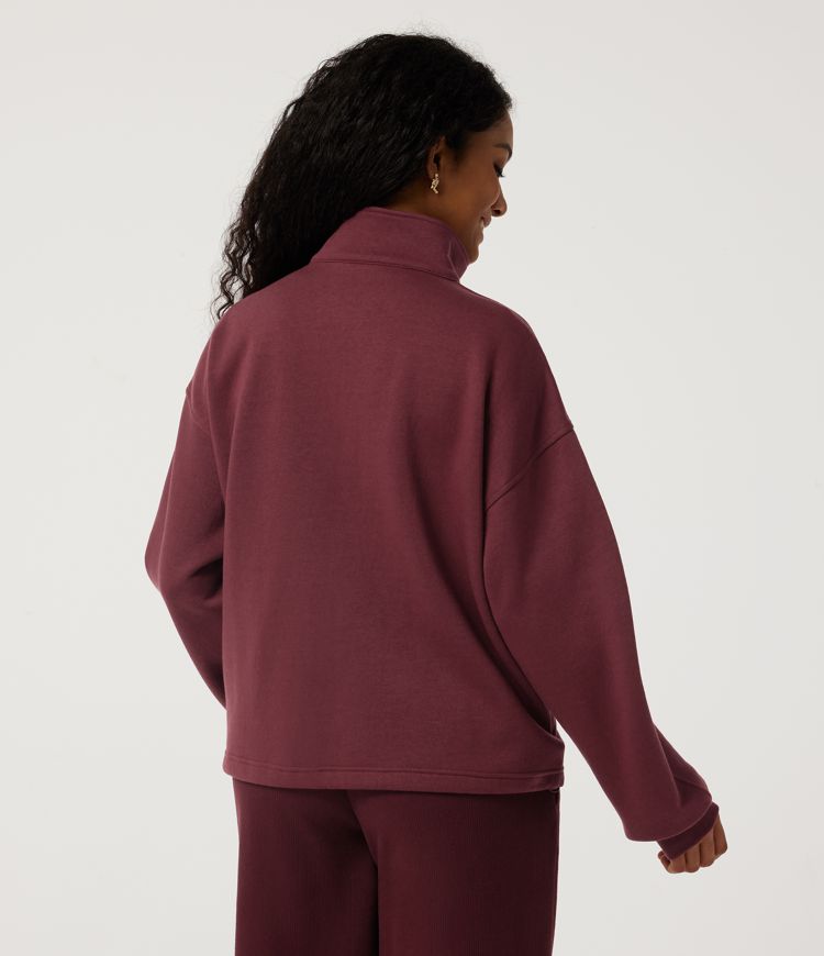 Oxblood Red Stand Collar Raglan Long Sleeve Fleece Casual Cotton Jacket with Pockets / 2