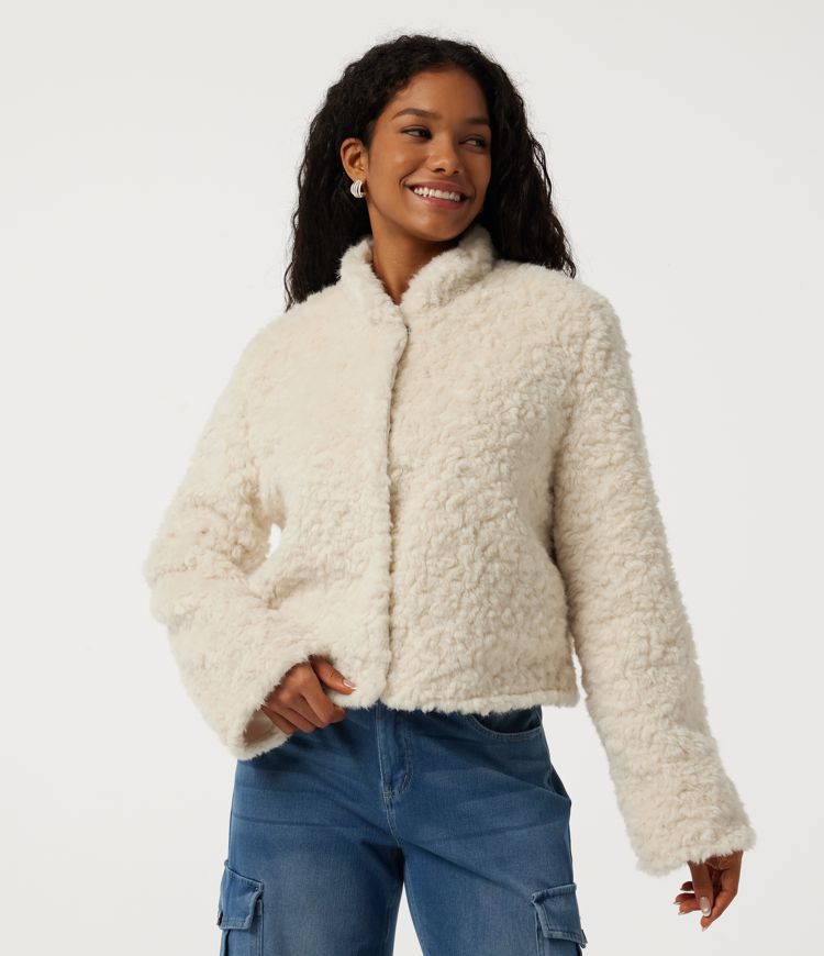 High Neck Long Sleeve Casual Teddy Faux Fur Jacket