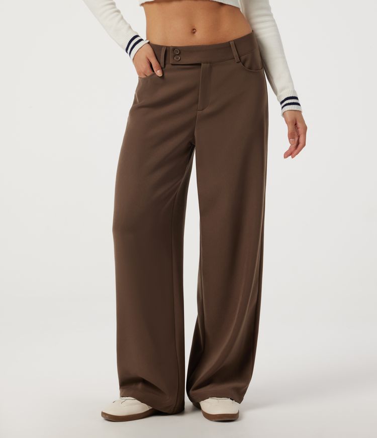 Pantalon décontracté taille mi‑haute à jambe en forme de tonneau, avec poches