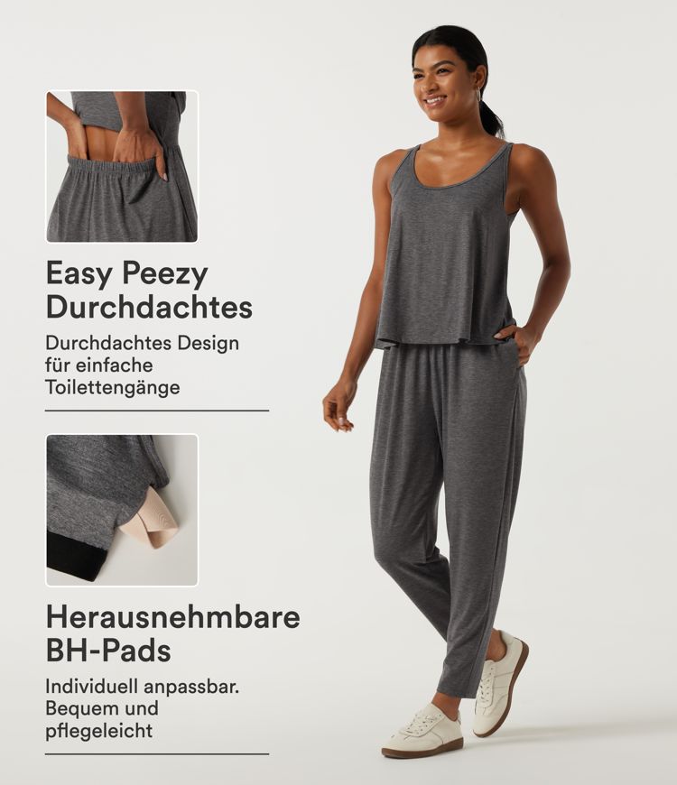 Darl Gray Floral Yarn Ärmelloser, schmal zulaufender Jumpsuit mit U-Ausschnitt, Seitentaschen und integriertem BH - Easy Peezy Edition / 1