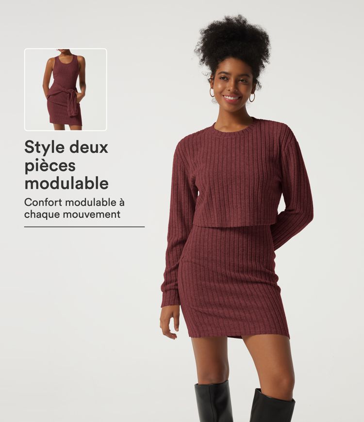 Robe courte 2 pièces moulante en maille côtelée à col rond manches longues