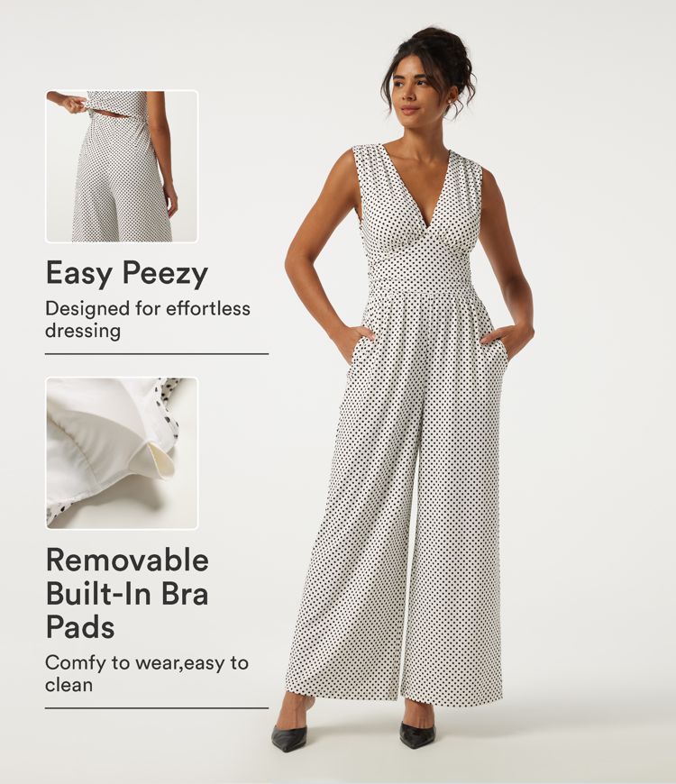 V Neck Wide Lege Ruched Polka Dot Built-in Bra Party Jumpsuit with Pockets -Easy Peezy Edition