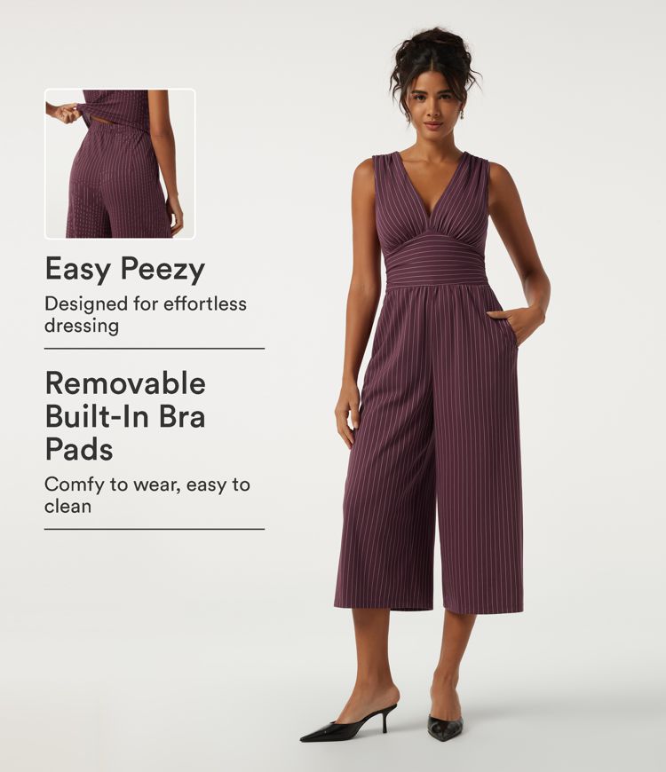 V Neck Sleeveless Built-in Bra Ruched Stripes Cropped Work Jumpsuit with Pockets-Easy Peezy Edition