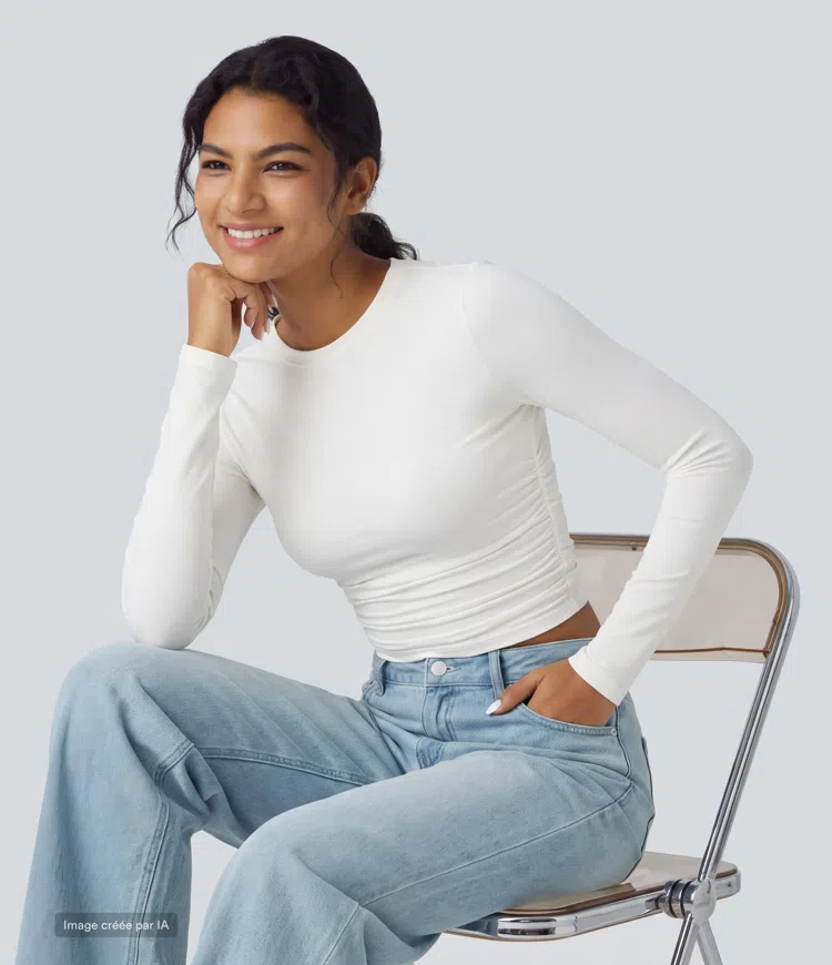 White Top froncé col rond manches longues / 2