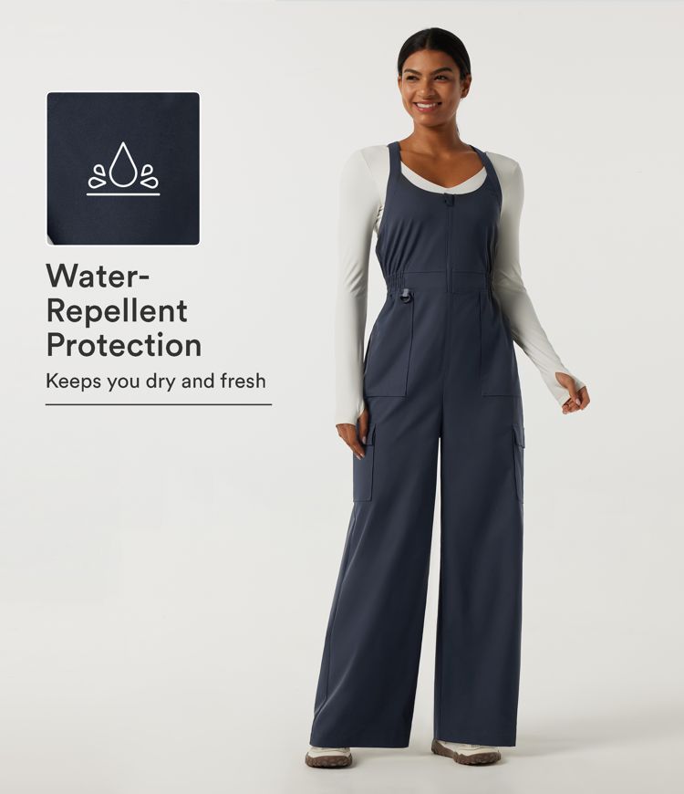 Water Repellent Wear-Resistant U Neck Wide Leg Ruched Hiking Overalls with Pockets