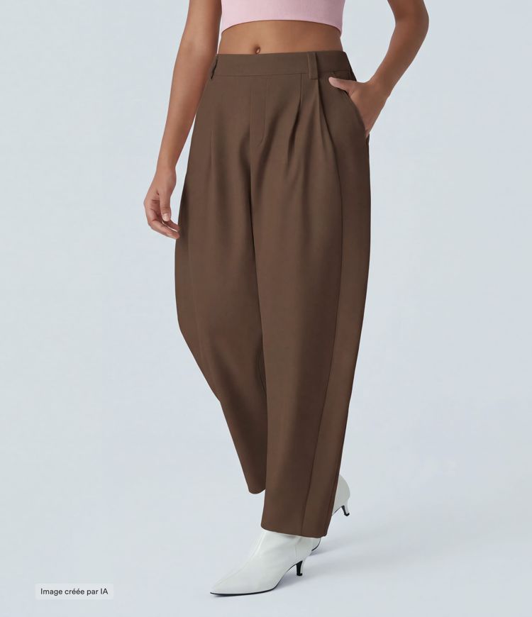 Pantalon tailleur ample, taille moyenne, coupe barrel, à poches