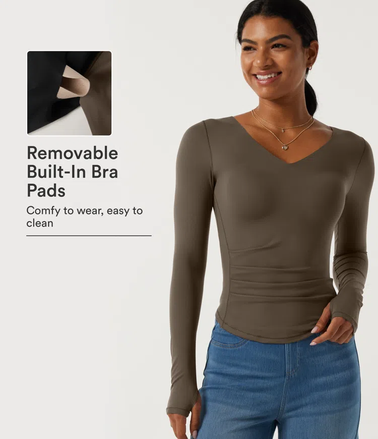 V Neck Long Sleeve Built-in Bra Ruched Curved Hem Casual Top with Thumbholes