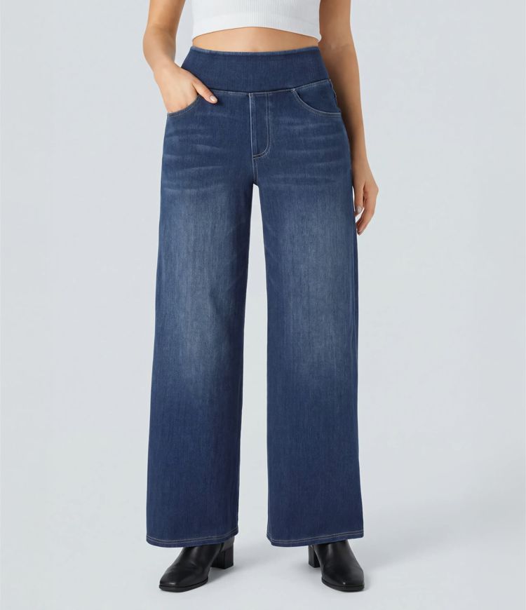 Halara Flex™ High Waisted Pockets Baggy Wide Leg Washed Casual Jeans