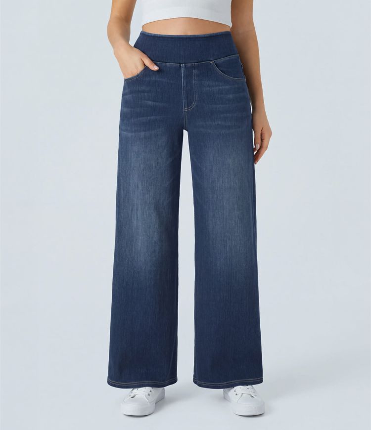Halara Flex™ High Waisted Pockets Baggy Wide Leg Washed Casual Jeans