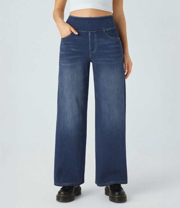 Halara Flex™ High Waisted Pockets Baggy Wide Leg Washed Casual Jeans