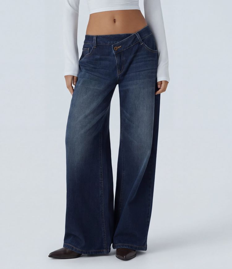 Halara Flex™ Asymmetric Low Rise Zipper Pockets Baggy Wide Leg Washed Casual Jeans