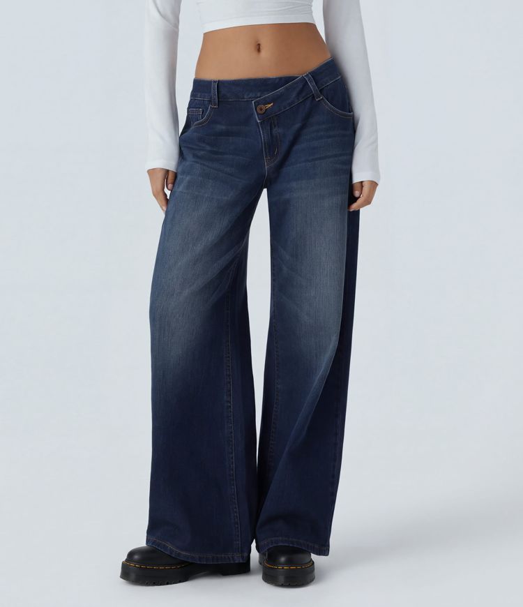 Halara Flex™ Asymmetric Low Rise Zipper Pockets Baggy Wide Leg Washed Casual Jeans