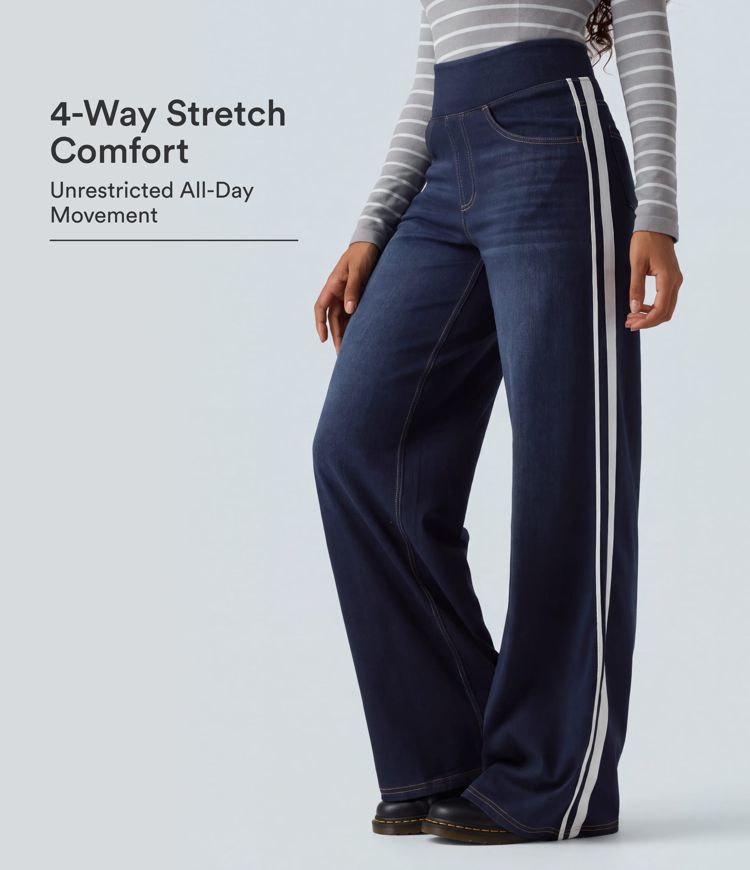 Halara Flex™ High Waisted Stripe Wide Leg Flowy Washed Casual Jeans with Pockets