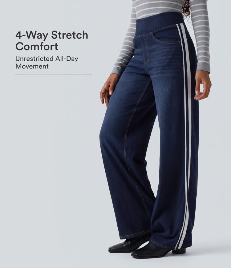 Halara Flex™ High Waisted Stripe Wide Leg Flowy Washed Casual Jeans with Pockets