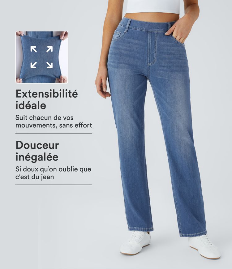 Jean droit Halara Flex™ à taille haute, poches multiples, effet délavé et tissu extensible