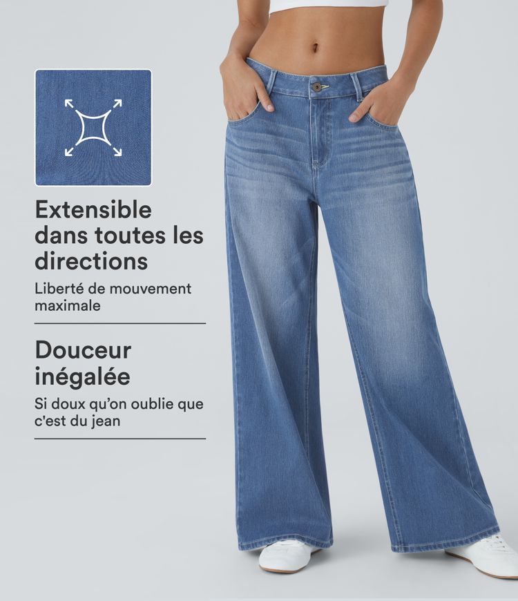 Halara Flex™ Jean Large Casual Taille Basse avec Boutons Zip Multiples Poches Lavés Élastiques et Tricotés