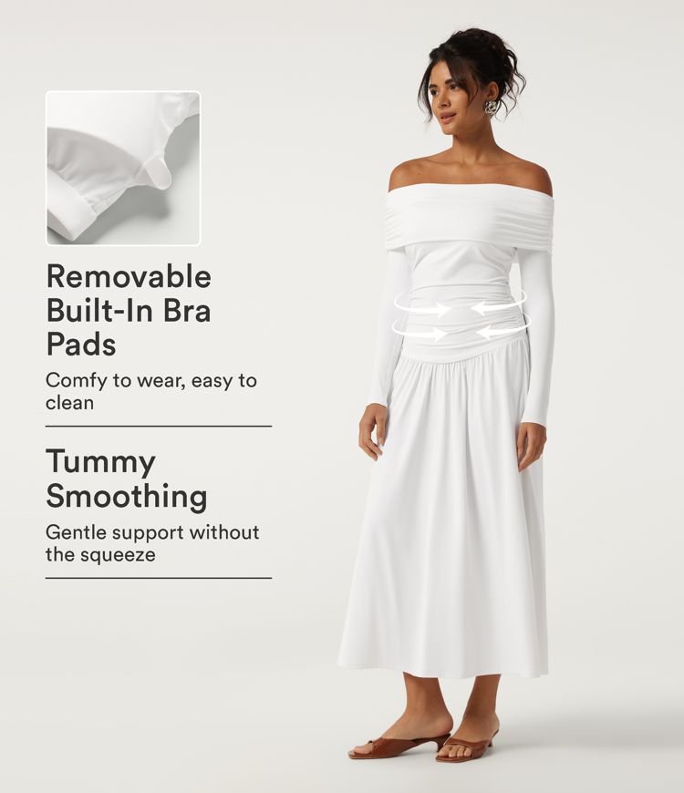 Off Shoulder Long Sleeve Built-in Bra Tummy Control Ruched A Line Maxi Casual Dress 
