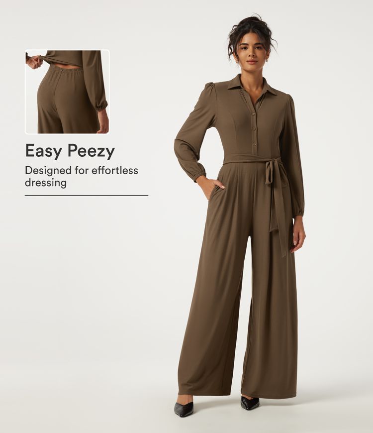 Jumpsuit mit Reverskragen, Bischofsärmeln, weitem Bein, Gürtel und Taschen - Easy Peezy Edition