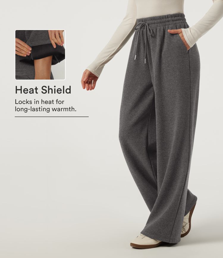 Hoch taillierte Fleece-Freizeithose mit Kordelzug, weitem Bein und Taschen