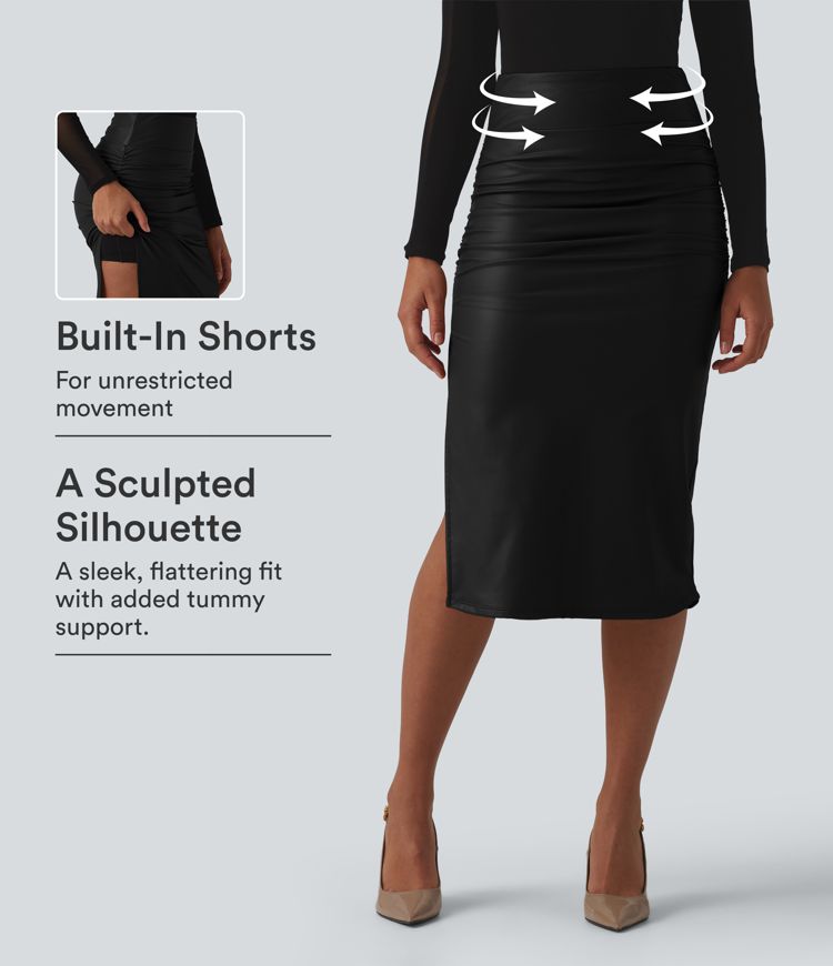 High Waisted Tummy Control Ruched Curved Hem 2-in-1 Fleece PU Midi Casual Skirt