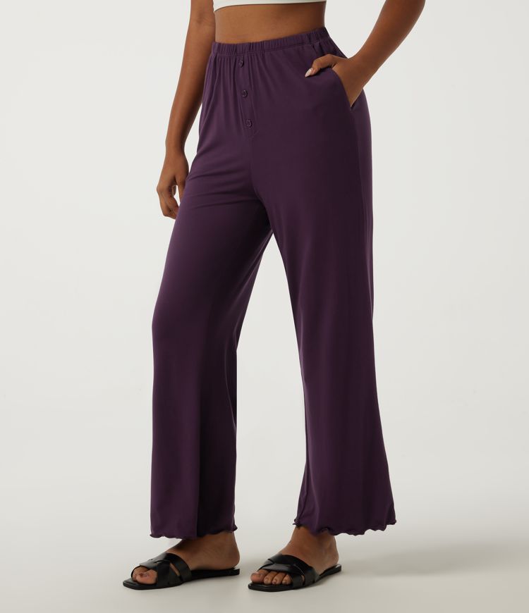 High Waisted Straight Leg Lettuce Trim Lounge Pants with Pockets