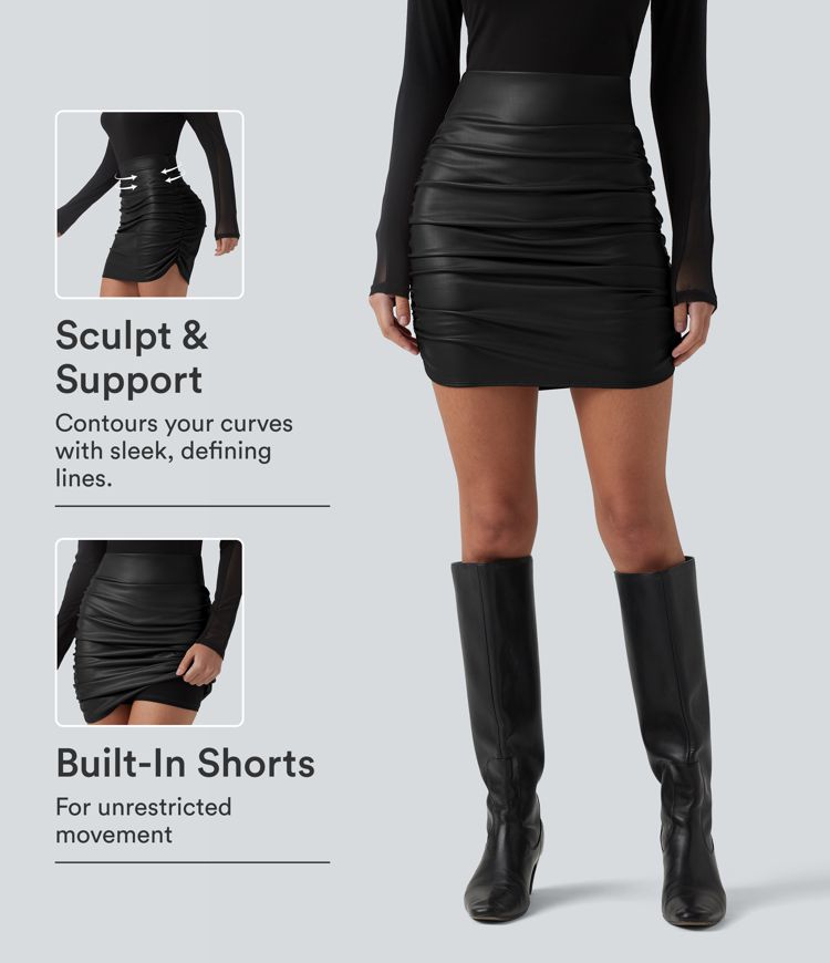 High Waisted Tummy Control Ruched Curved Hem 2-in-1 Fleece PU Mini Bodycon Party Skirt-Longer Length