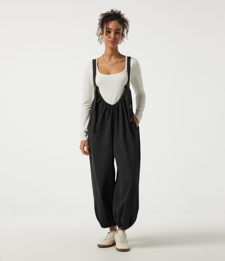 U Neck Ruched Waffle Casual Overalls with Pockets