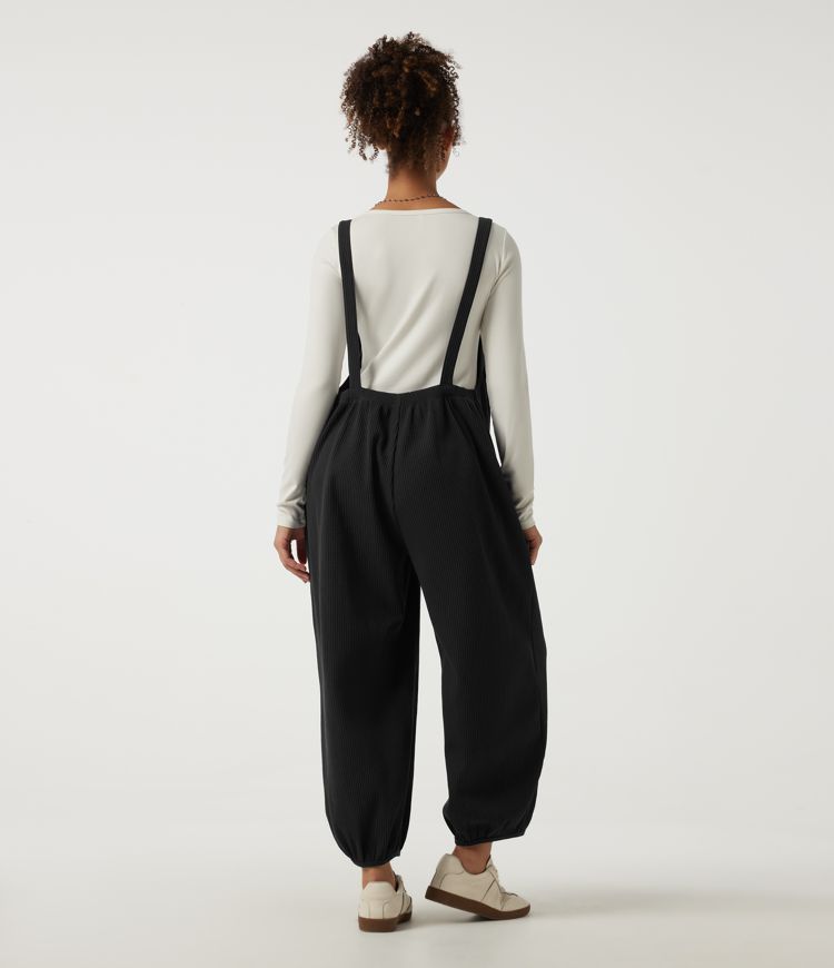 Black U Neck Ruched Waffle Casual Overalls with Pockets / 2