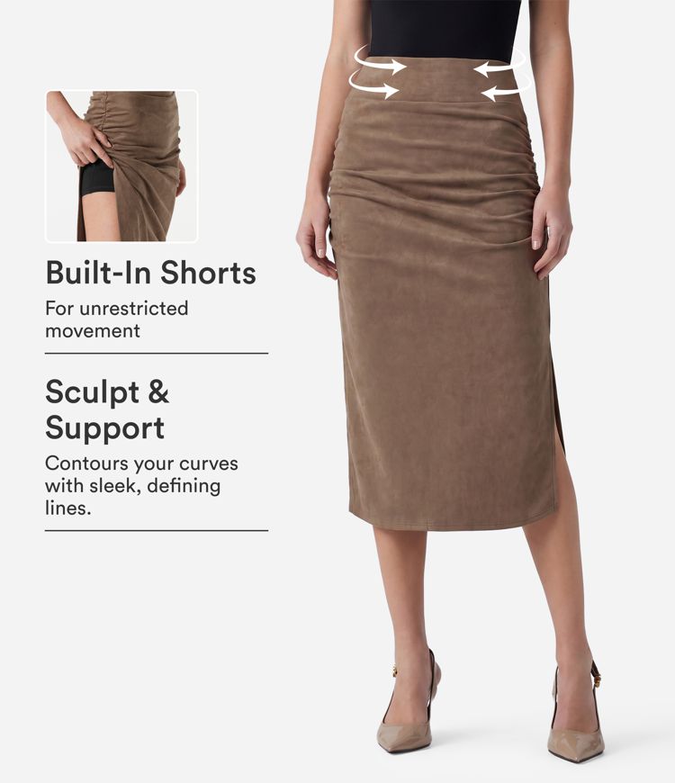 High Waisted Tummy Control Ruched Bodycon 2-in-1 Suede Midi Skirt