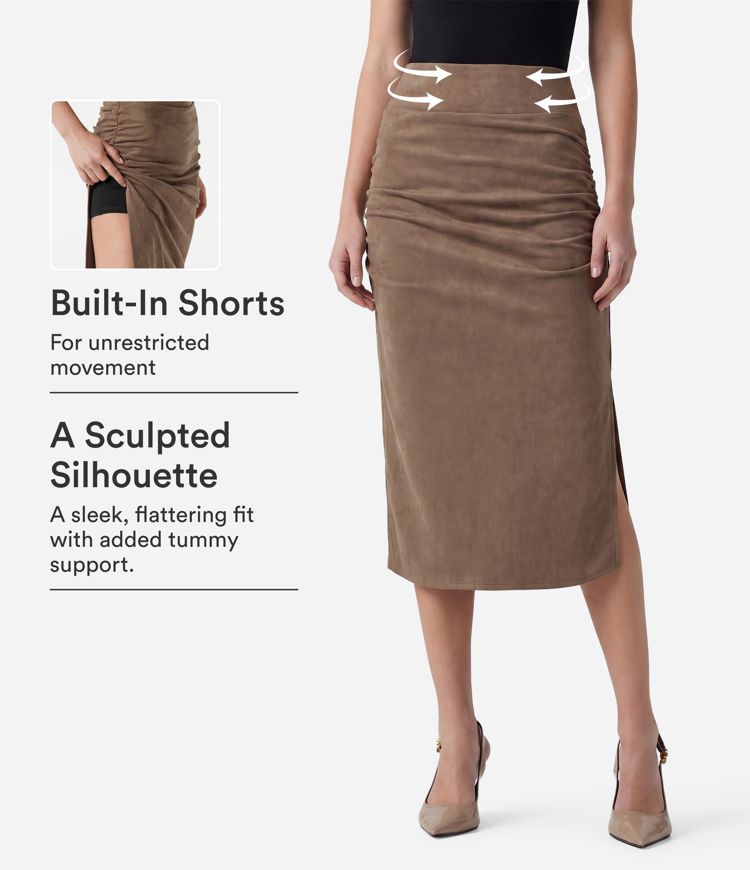 High Waisted Tummy Control Ruched Bodycon 2-in-1 Suede Midi Skirt